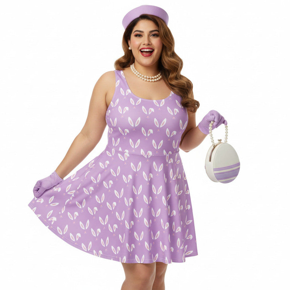 Plus size woman wearing a lavender purple plus size 1950s vintage style swing dress with white Easter bunny print, matching pillbox hat, and pearl necklace.