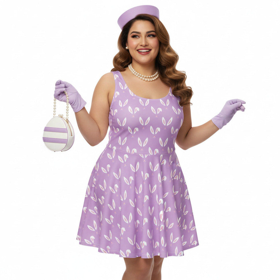 Woman wearing a lavender purple plus size 1950s vintage style swing dress with white Easter bunny print, matching pillbox hat, and pearl necklace.
