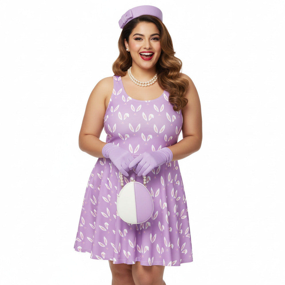 Plus size woman wearing a lavender purple plus size 1950s vintage style swing dress with white Easter bunny print, matching pillbox hat, and pearl necklace.