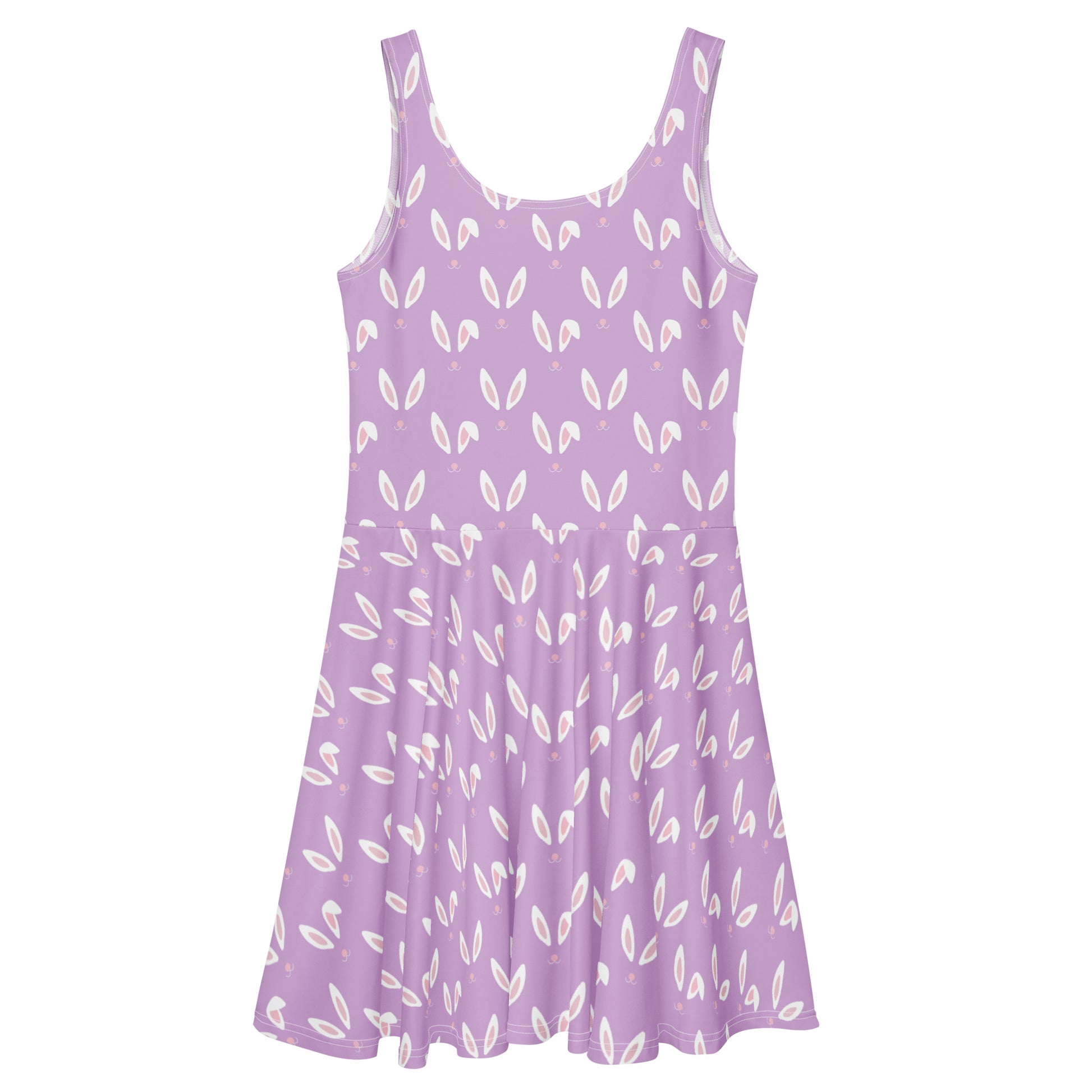 Lavender purple plus size 1950s vintage style swing dress with white Easter bunny print.