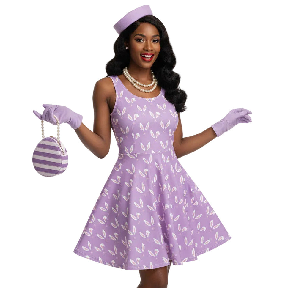 Woman wearing a lavender purple plus size 1950s vintage style swing dress with white Easter bunny print, matching pillbox hat, and pearl necklace.