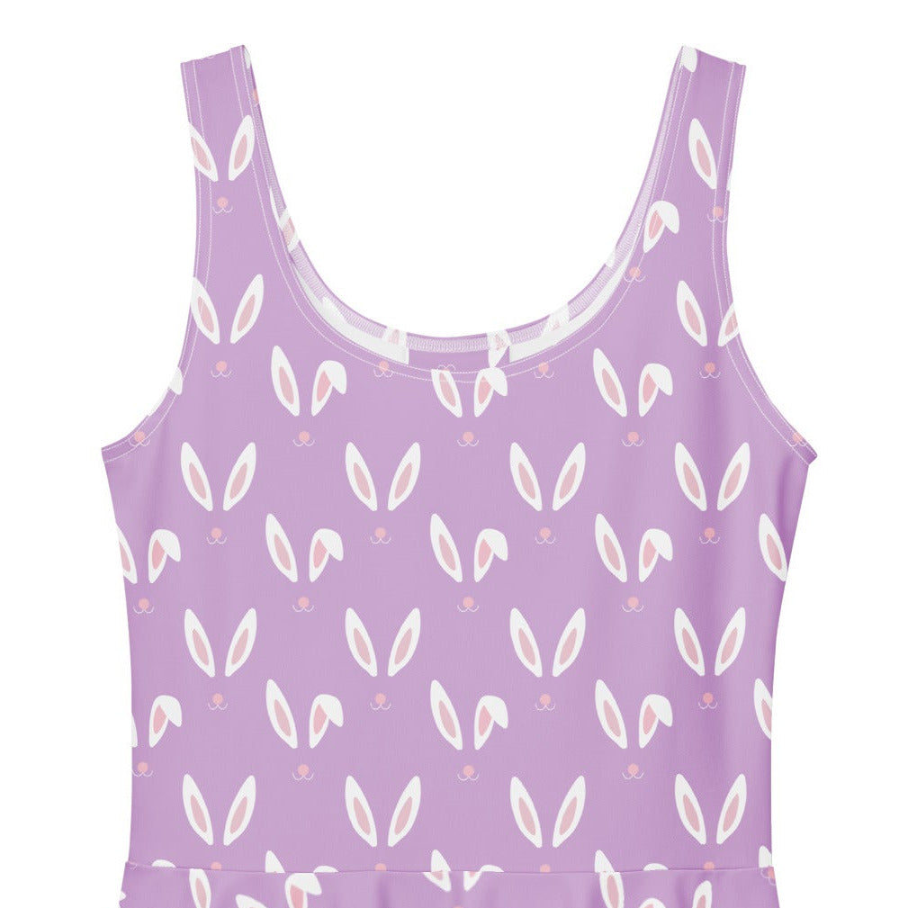 Purple 1950s vintage style swing dress with white Easter bunny print.