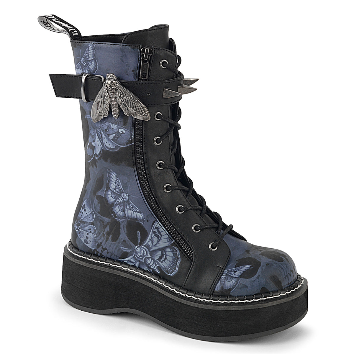 Gothic Moth Skull Platform Mid-Calf Combat Boots on white background
