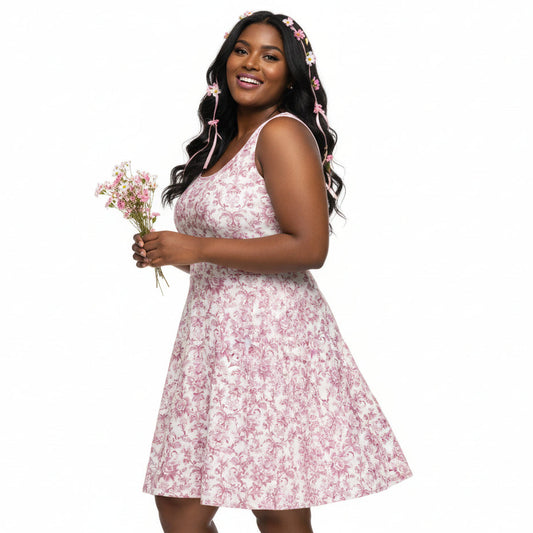 Woman wearing a floral dress holding flowers on a white background