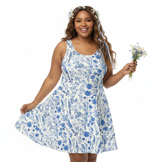 Woman Wearing Floral Toile Cottagecore Fit and Flare Dress and Holding Flowers in Hand