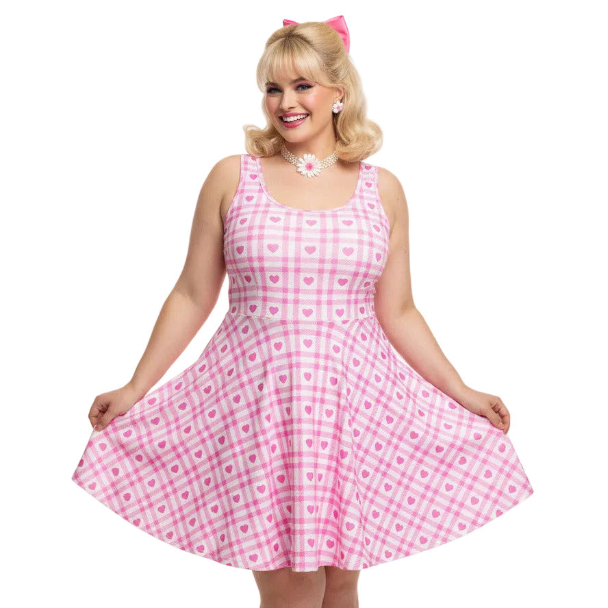 Plus Size Pink Gingham Vintage 1950s Swing Dress Pink / S