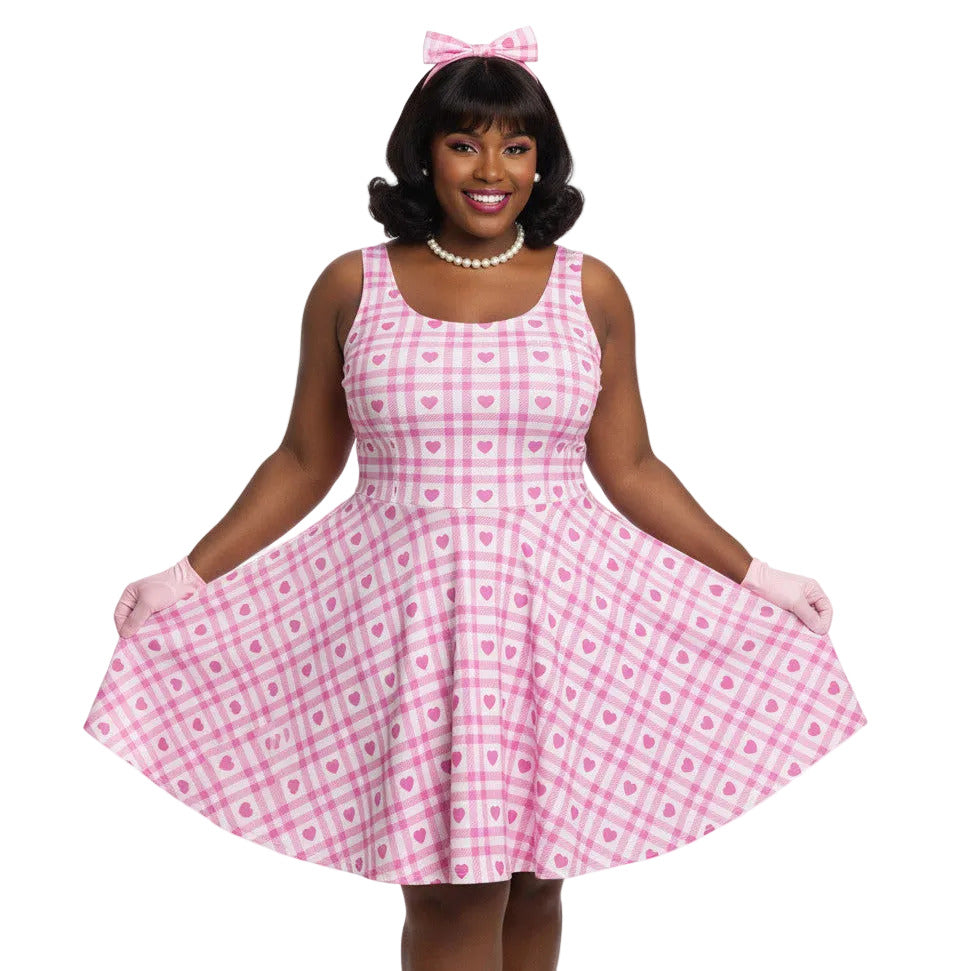 Plus Size Pink Gingham Vintage 1950s Swing Dress Pink / S