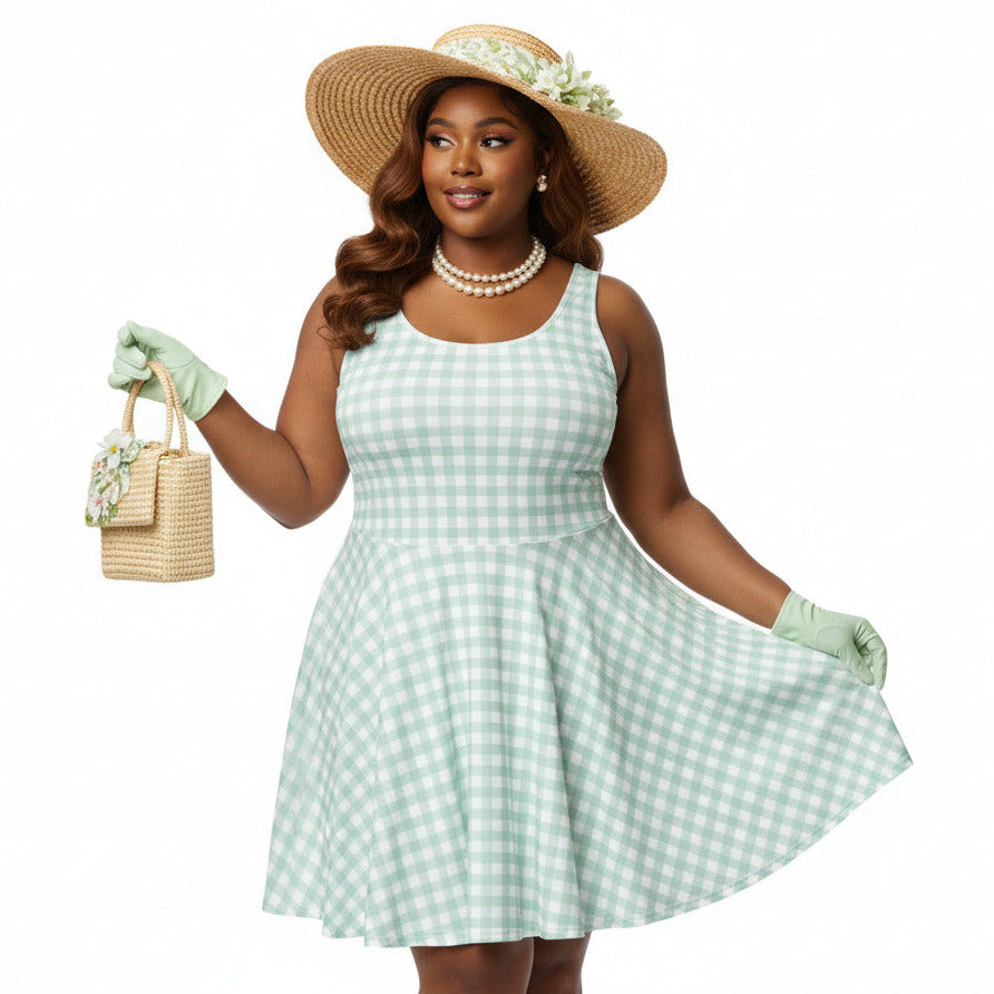 Plus size woman wearing a pastel green and white gingham 1950s vintage-style swing dress with a straw hat and gloves.