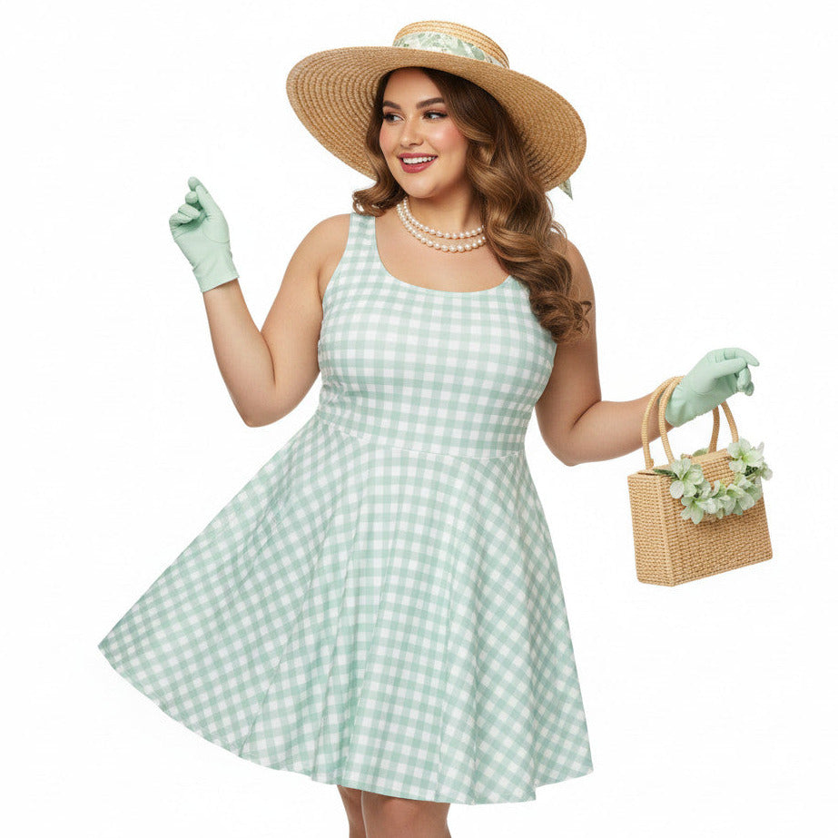 Plus size woman wearing a pastel green and white gingham 1950s vintage-style swing dress with a straw hat and gloves.