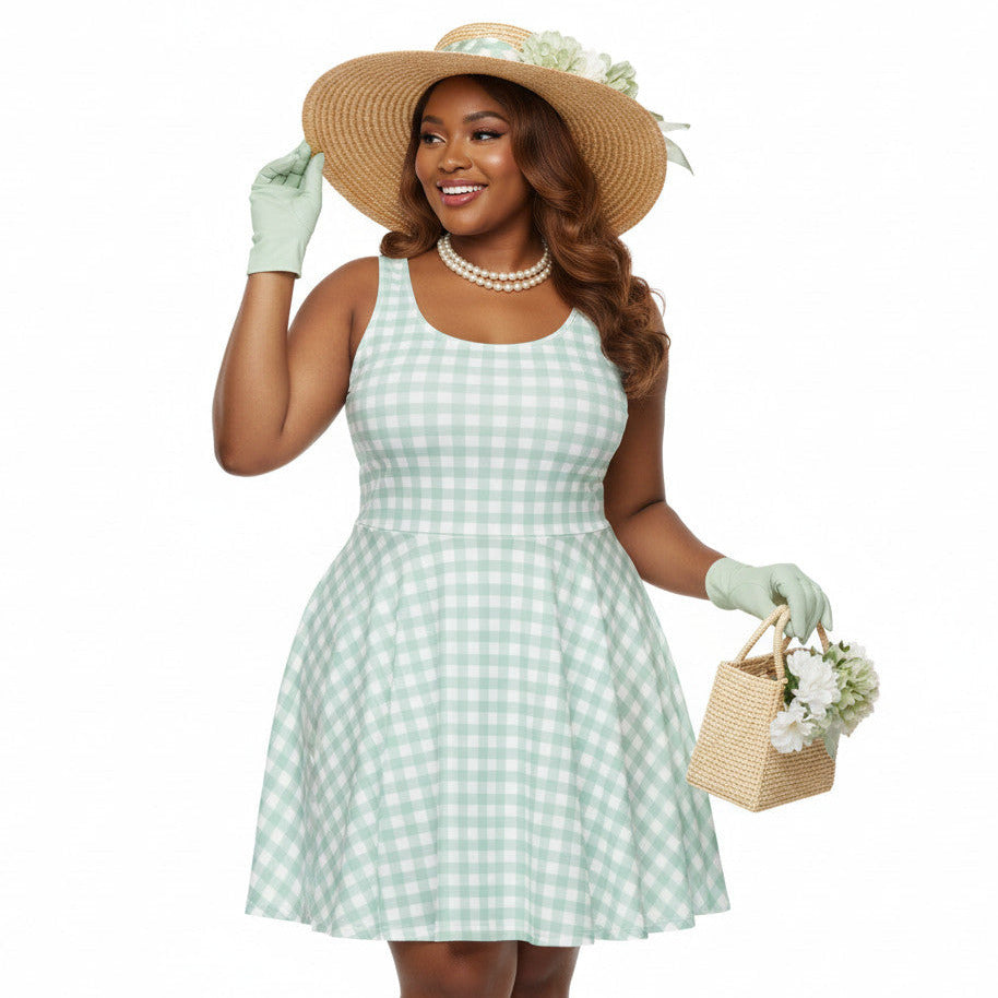 Plus size woman wearing a pastel green and white gingham 1950s vintage-style swing dress with a straw hat and gloves.