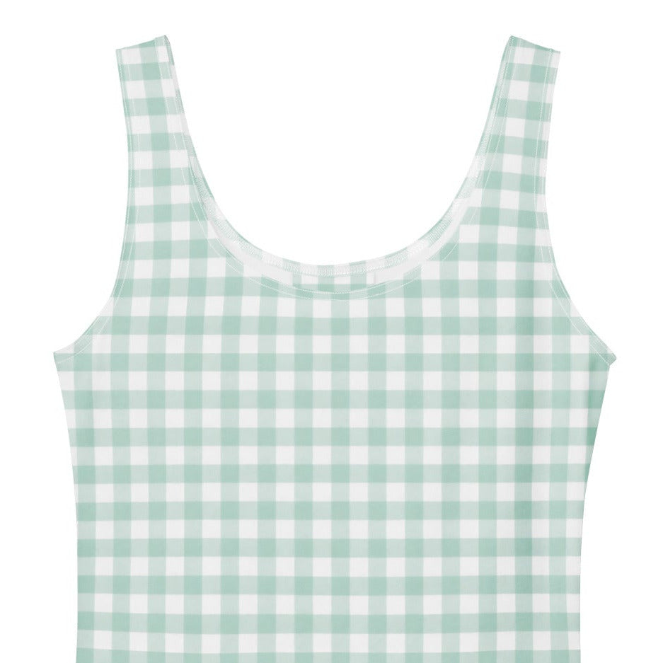 Pastel green and white gingham 1950s vintage-style swing dress.