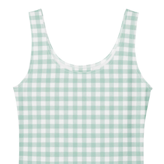 Pastel green and white gingham 1950s vintage-style swing dress.