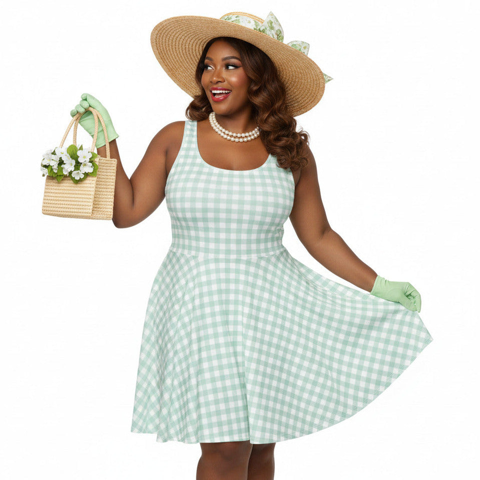 Plus size woman wearing a pastel green and white gingham 1950s vintage-style swing dress with a straw hat and gloves.