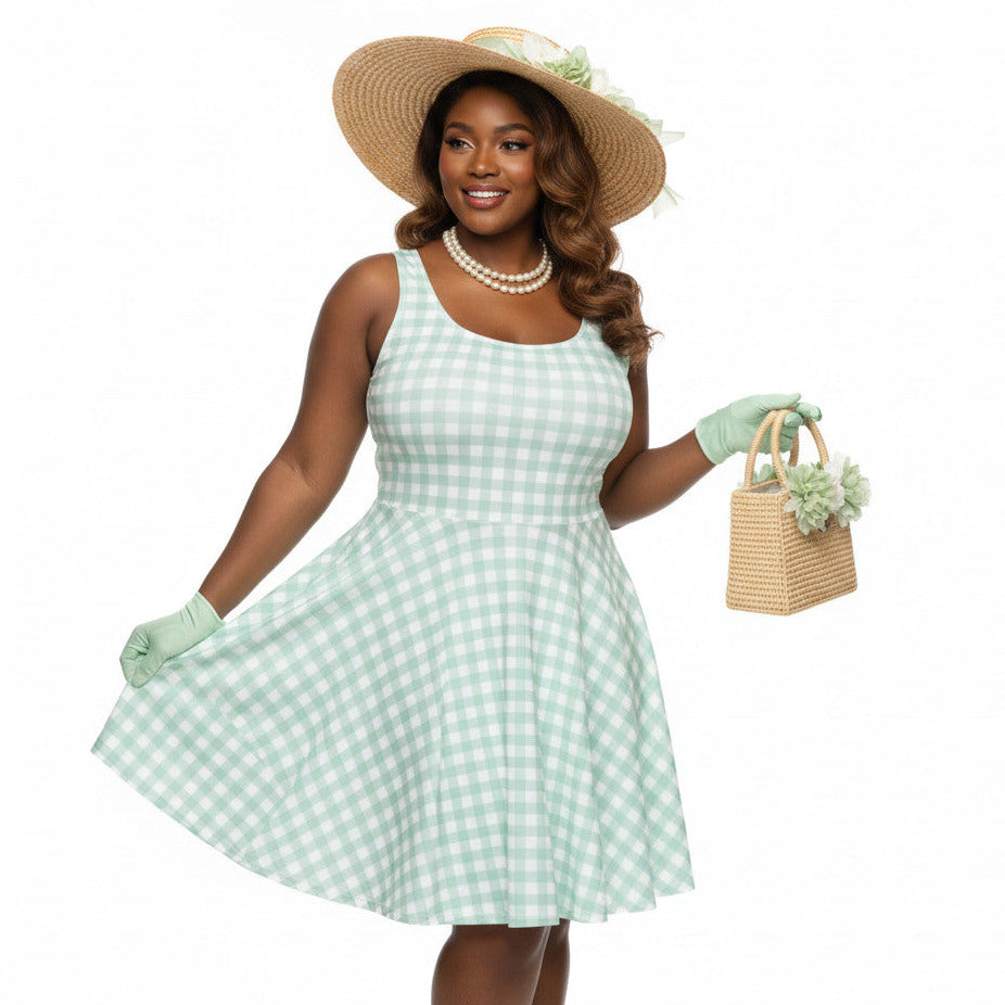 Plus size woman wearing a pastel green and white gingham 1950s vintage-style swing dress with a straw hat and gloves.