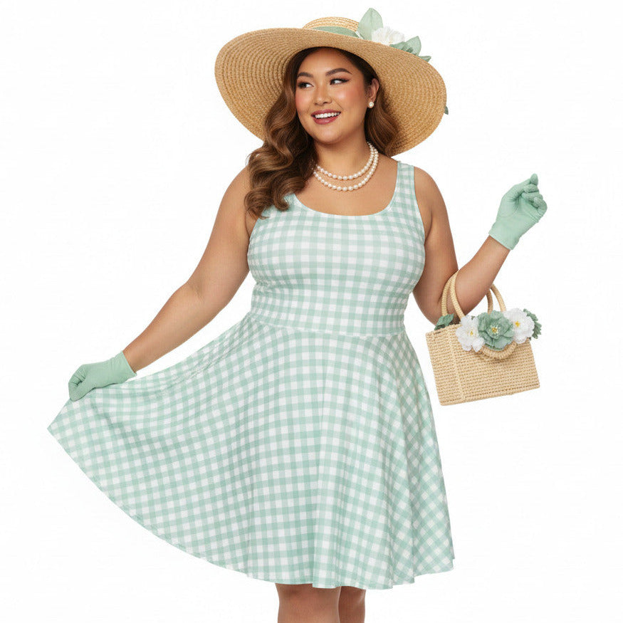 Plus size woman wearing a pastel green and white gingham 1950s vintage-style swing dress with a straw hat and gloves.