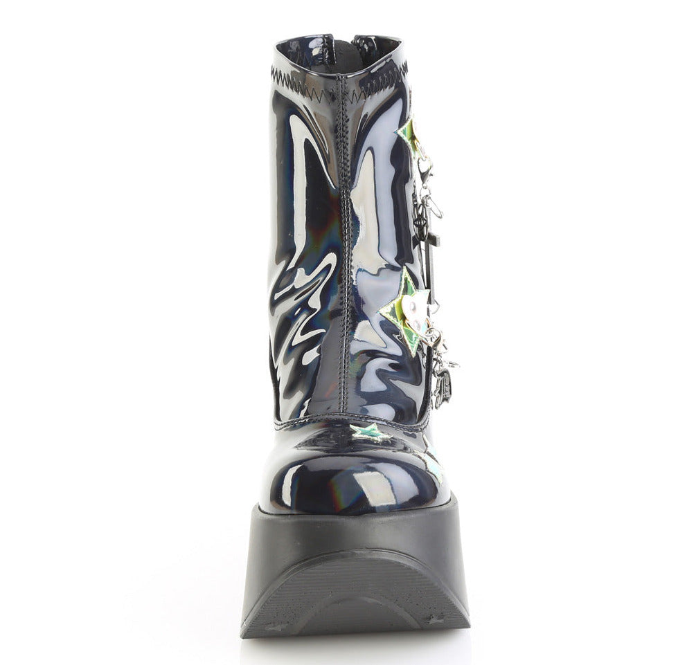 Black holographic rave platform boots featuring a 5-inch LED light-up star cutout wedge and iridescent heart studs.