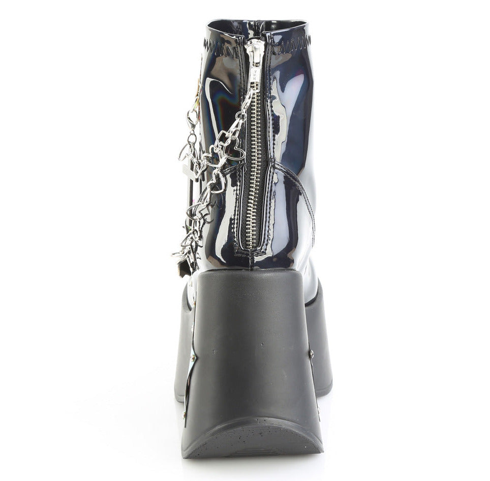 Black holographic rave platform boots featuring a 5-inch LED light-up star cutout wedge and iridescent heart studs.