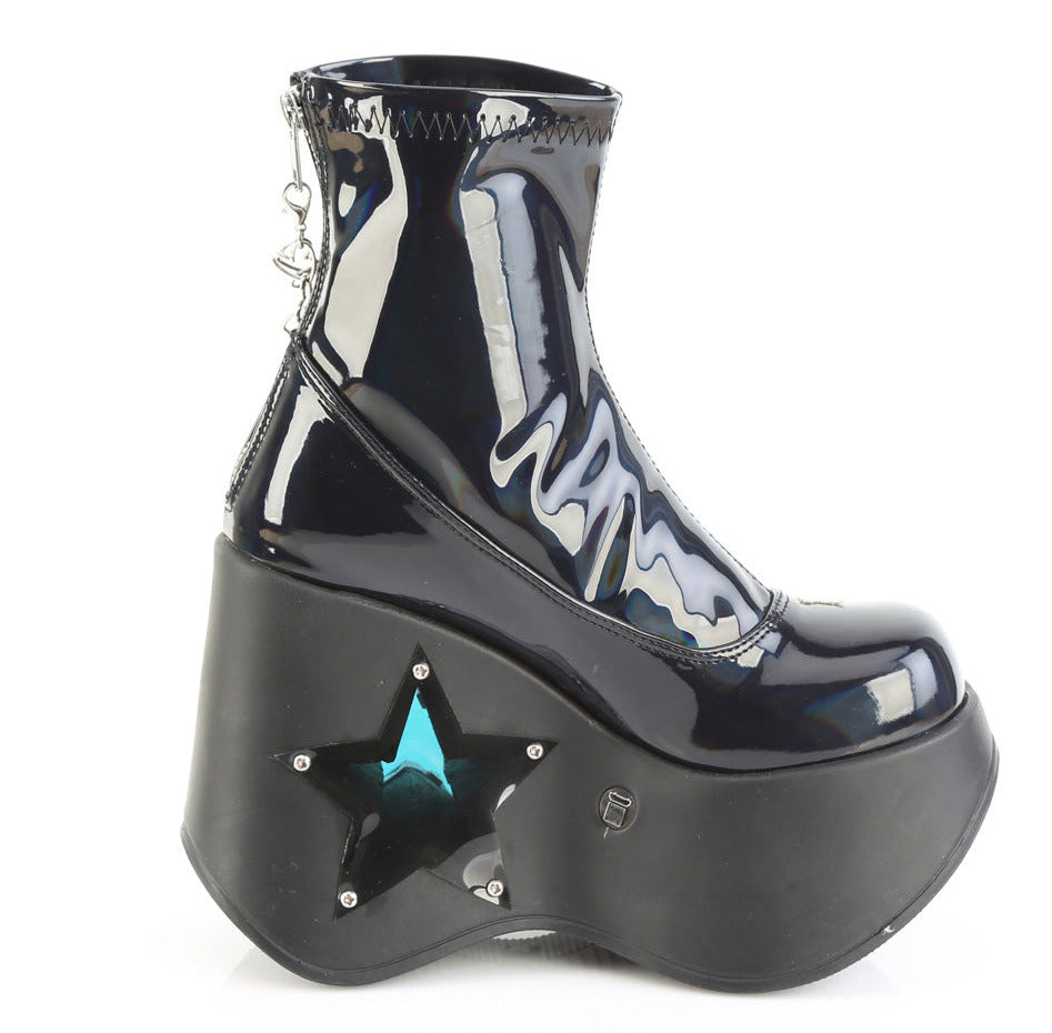 Black holographic rave platform boots featuring a 5-inch LED light-up star cutout wedge and iridescent heart studs.
