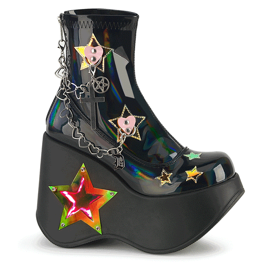Black holographic rave platform boots featuring a 5-inch LED light-up star cutout wedge and iridescent heart studs.