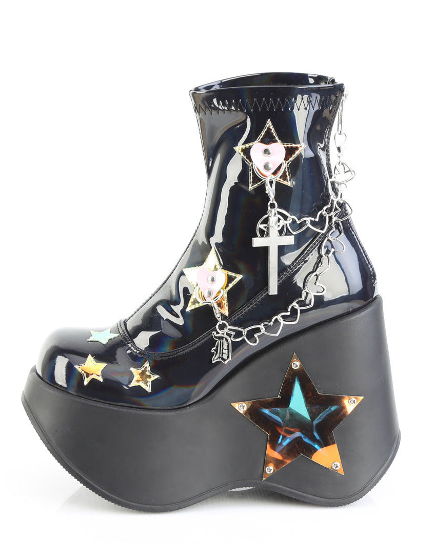 Black holographic rave platform boots featuring a 5-inch LED light-up star cutout wedge and iridescent heart studs.