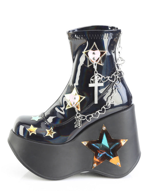 Black holographic rave platform boots featuring a 5-inch LED light-up star cutout wedge and iridescent heart studs.