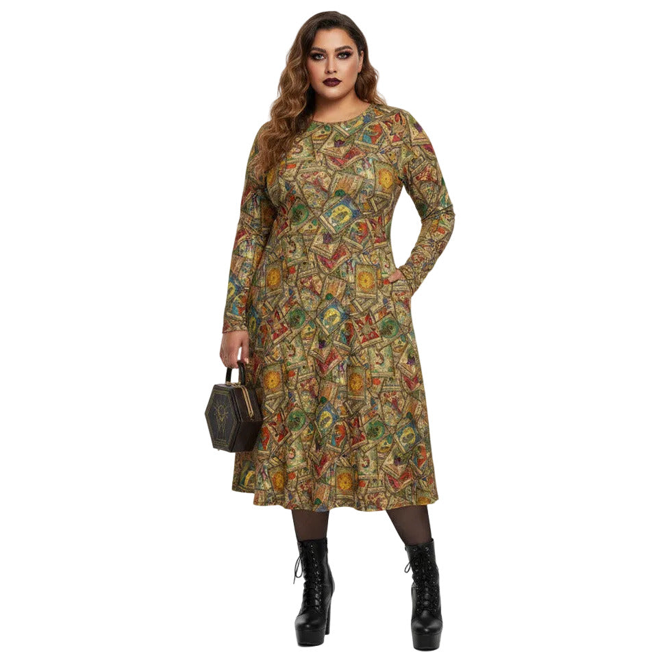 Plus size woman wearing Goth Tarot Card Goddess Long Sleeve Midi Dress with Pockets.