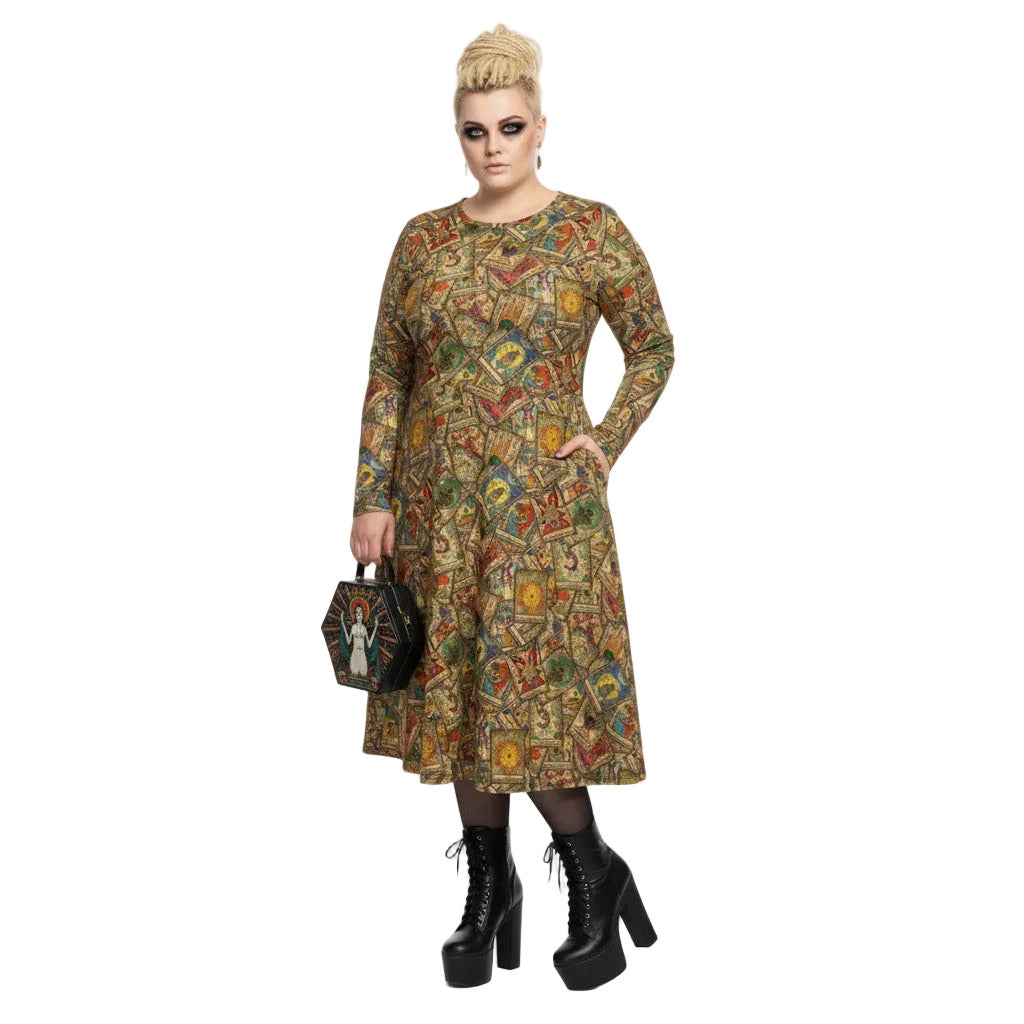 Plus size woman wearing Goth Tarot Card Goddess Long Sleeve Midi Dress with Pockets.