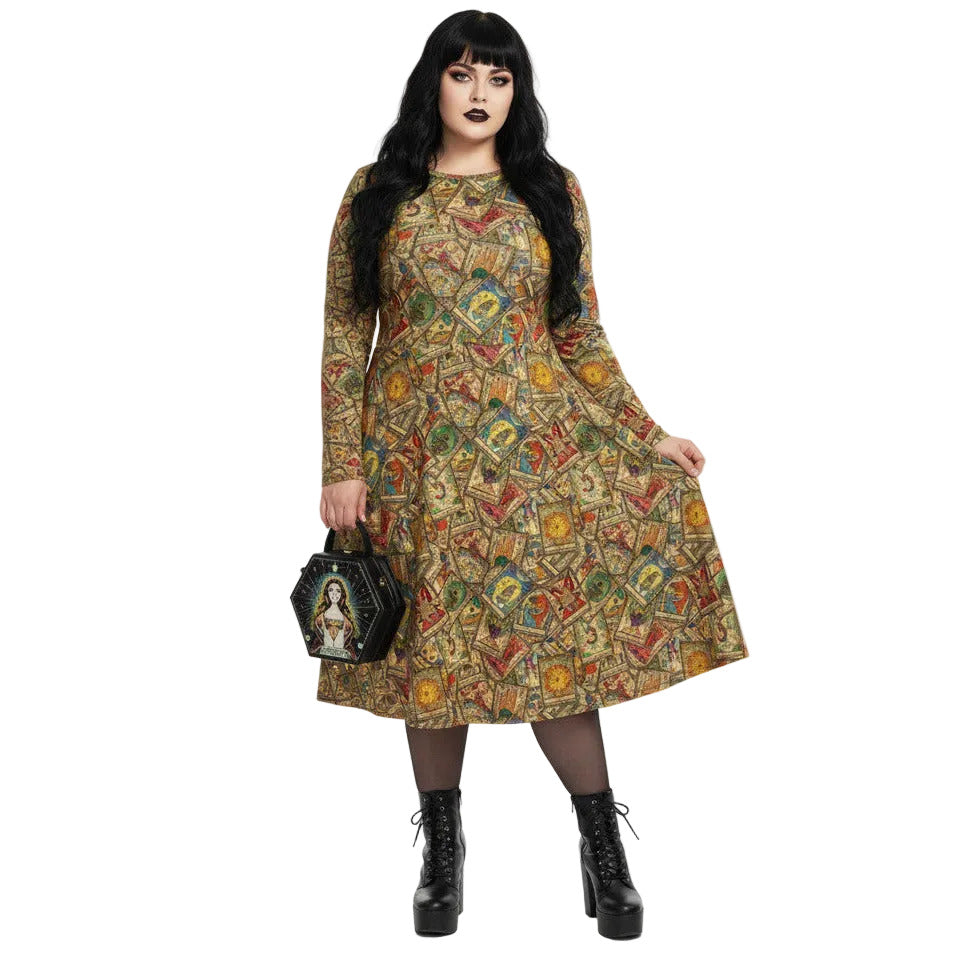 Plus size woman wearing Goth Tarot Card Goddess Long Sleeve Midi Dress with Pockets.