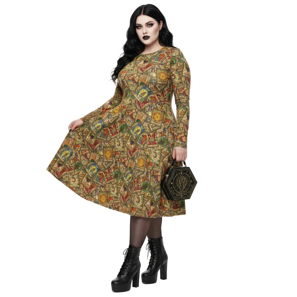 Plus size woman wearing Goth Tarot Card Goddess Long Sleeve Midi Dress with Pockets.