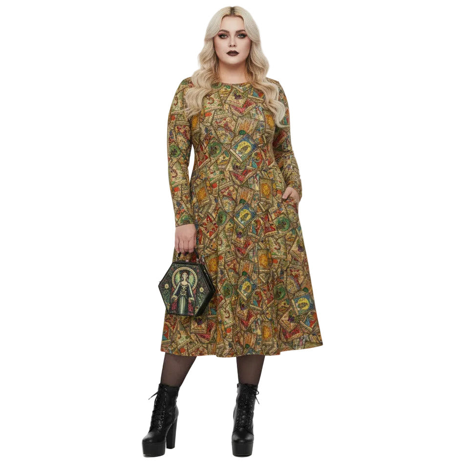 woman wearing Goth Tarot Card Goddess Long Sleeve Midi Dress with Pockets.