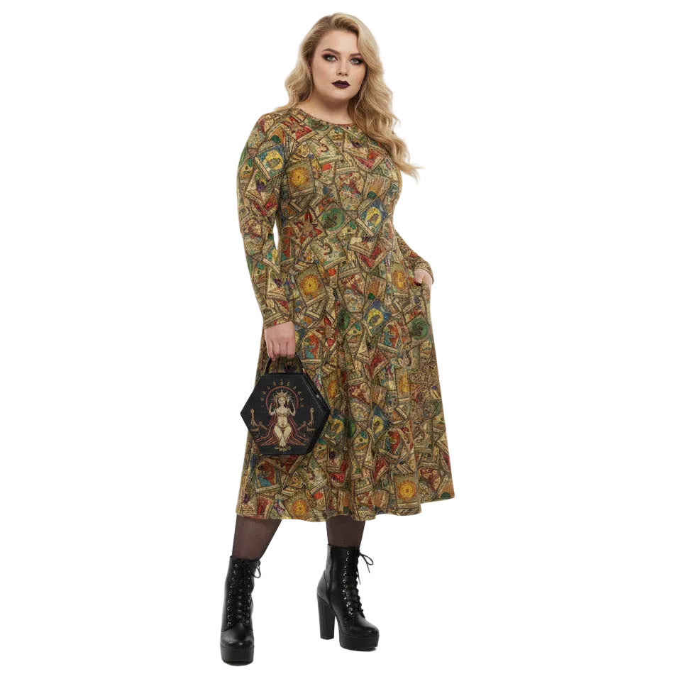 Plus size woman wearing Goth Tarot Card Goddess Long Sleeve Midi Dress with Pockets.