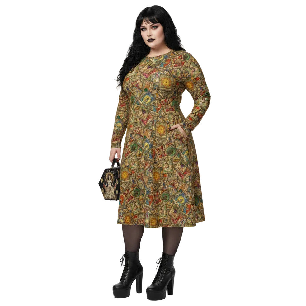 Plus size woman wearing Goth Tarot Card Goddess Long Sleeve Midi Dress with Pockets.