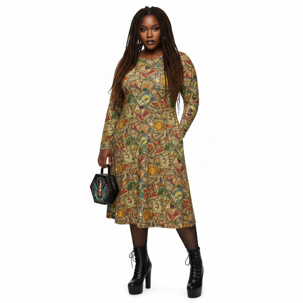 Plus size woman wearing Goth Tarot Card Goddess Long Sleeve Midi Dress with Pockets.