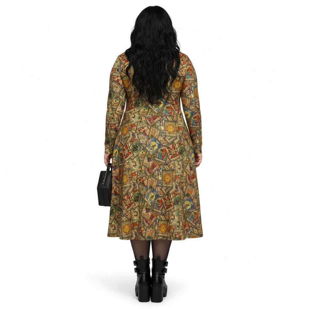 Plus size woman wearing Goth Tarot Card Goddess Long Sleeve Midi Dress with Pockets.