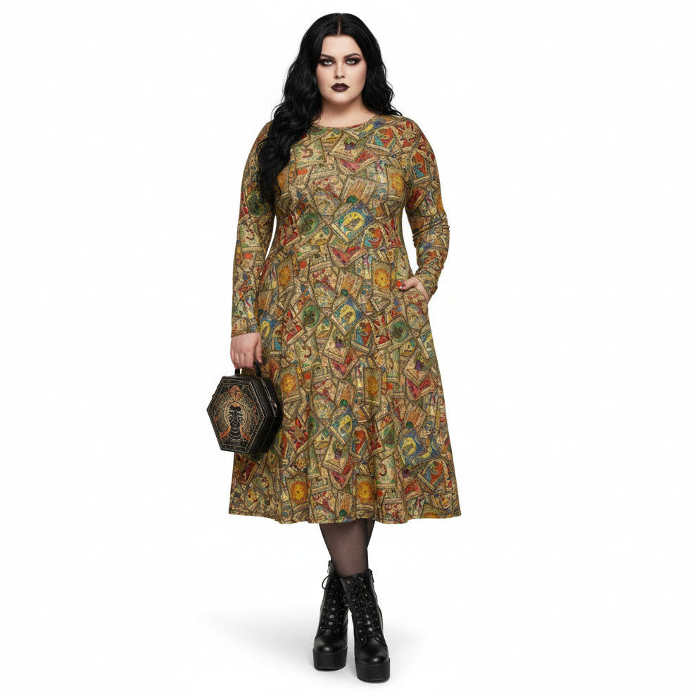 Plus size woman wearing Goth Tarot Card Goddess Long Sleeve Midi Dress with Pockets.