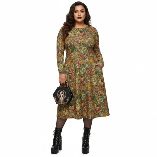 Plus size woman wearing Goth Tarot Card Goddess Long Sleeve Midi Dress with Pockets.