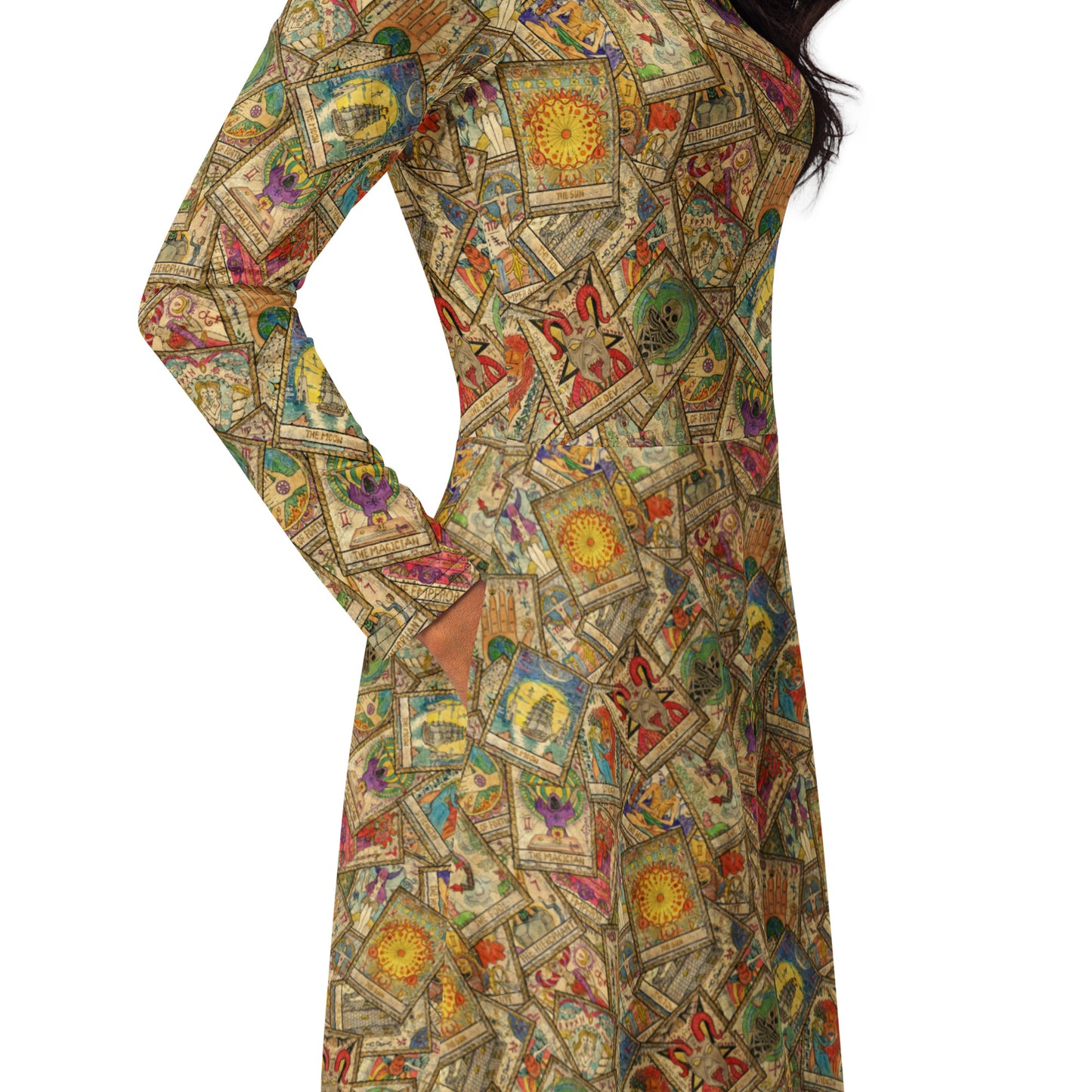 woman wearing Goth Tarot Card Goddess Long Sleeve Midi Dress with Pockets.