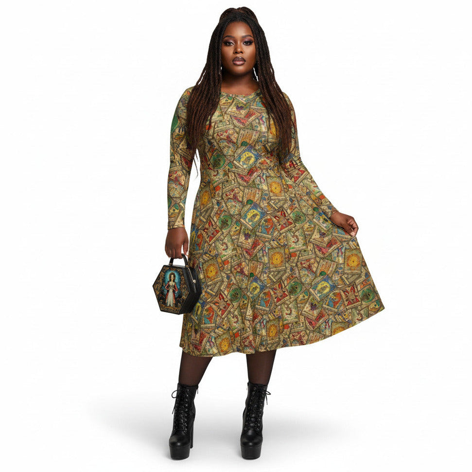 woman wearing Goth Tarot Card Goddess Long Sleeve Midi Dress with Pockets.