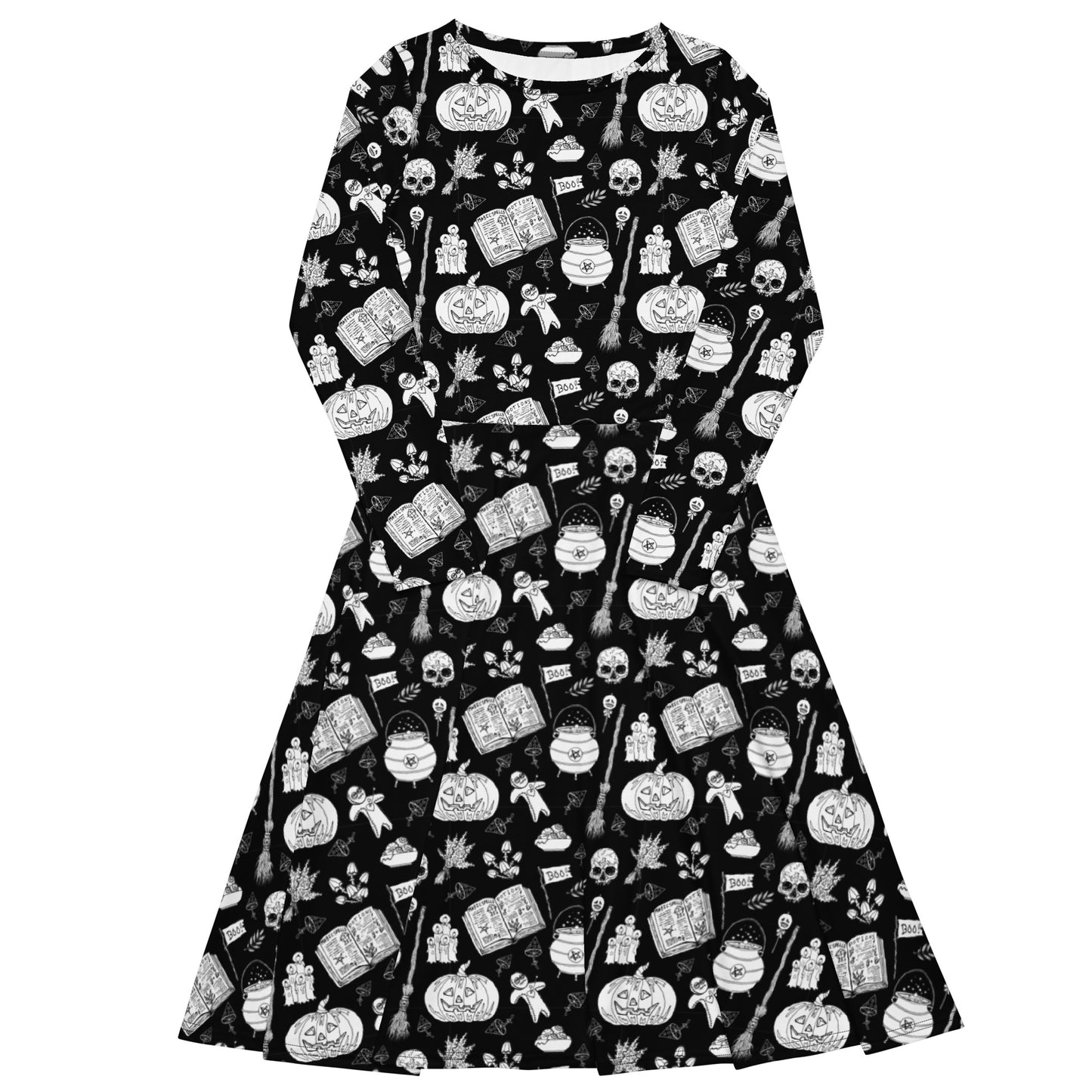 gothic long sleeve midi dress with black and white voodoo doll print and side pockets.
