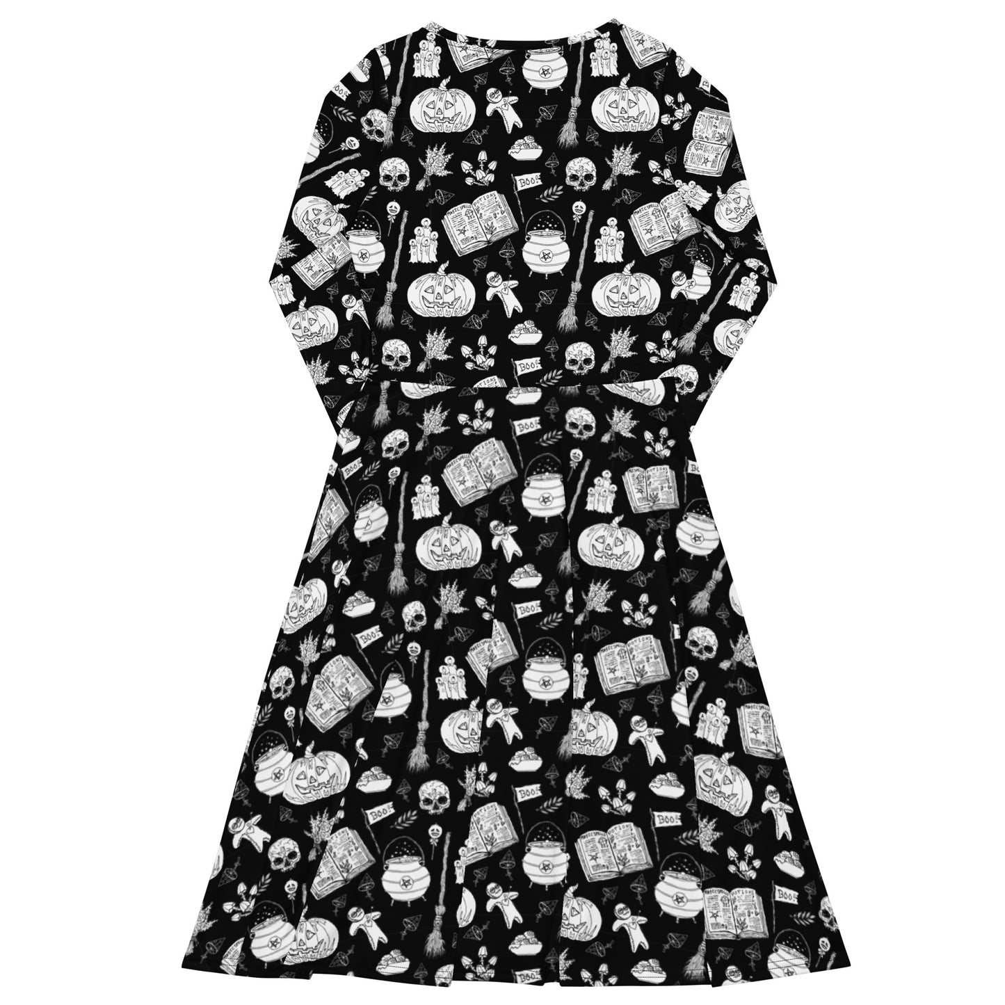 gothic long sleeve midi dress with black and white voodoo doll print and side pockets.