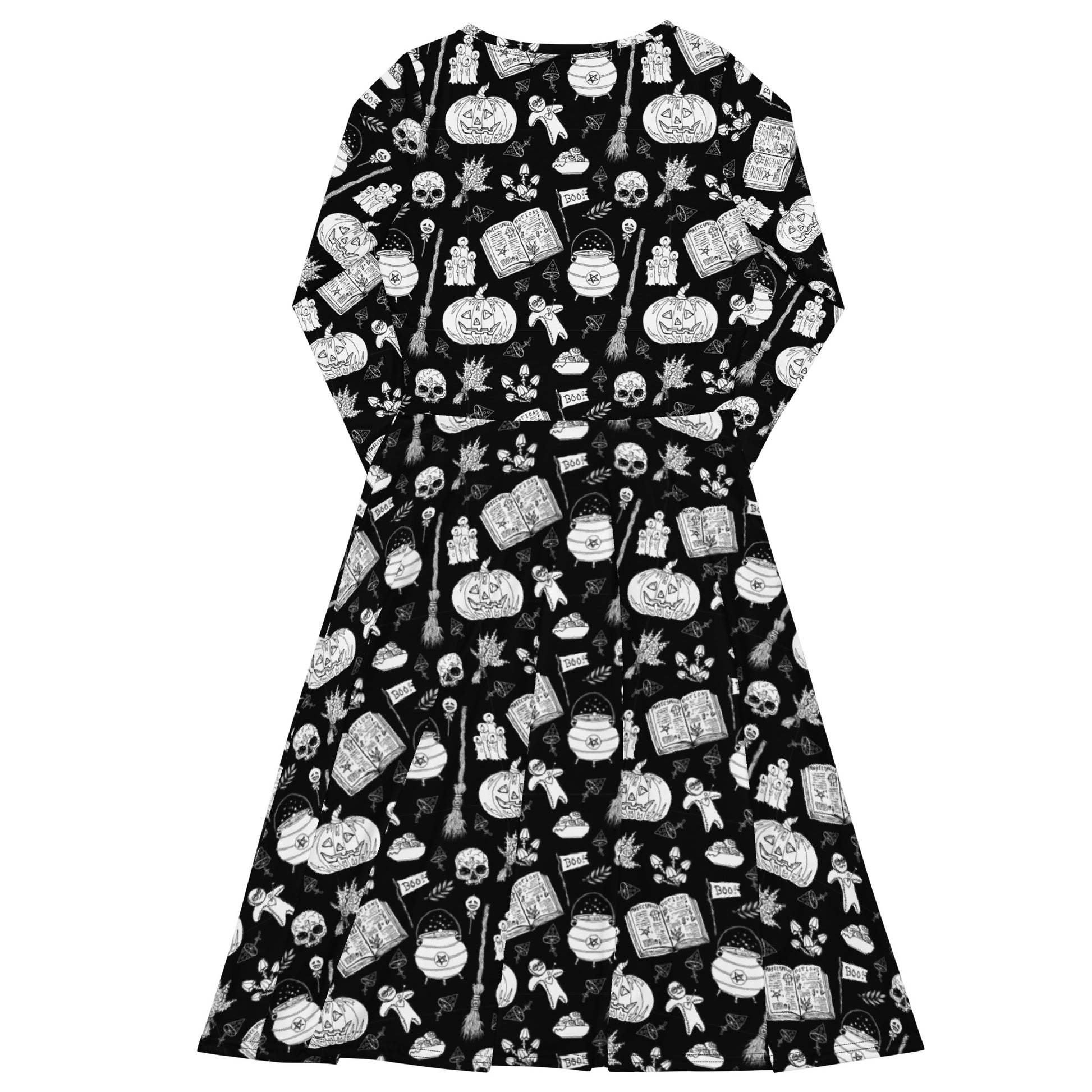 gothic long sleeve midi dress with black and white voodoo doll print and side pockets.