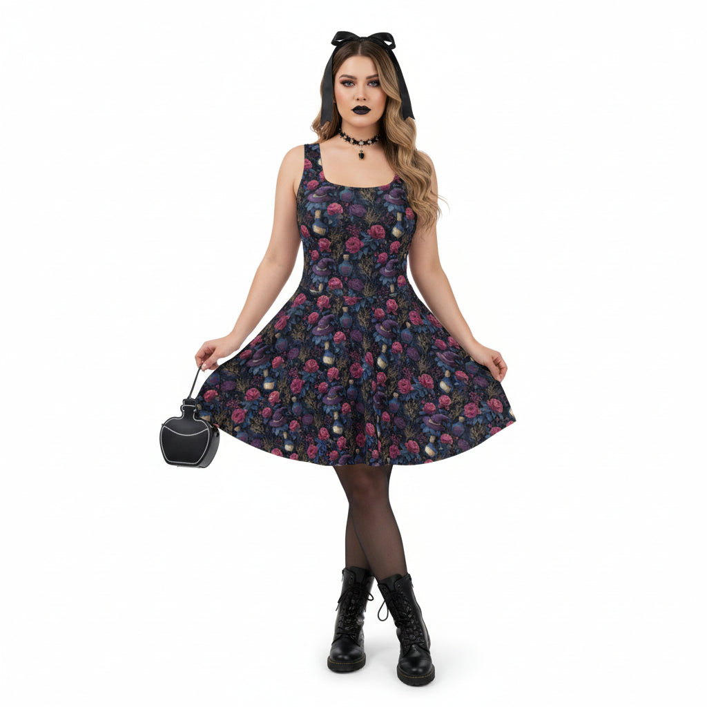 Woman wearing a floral dress with black boots and cat ears on a white background