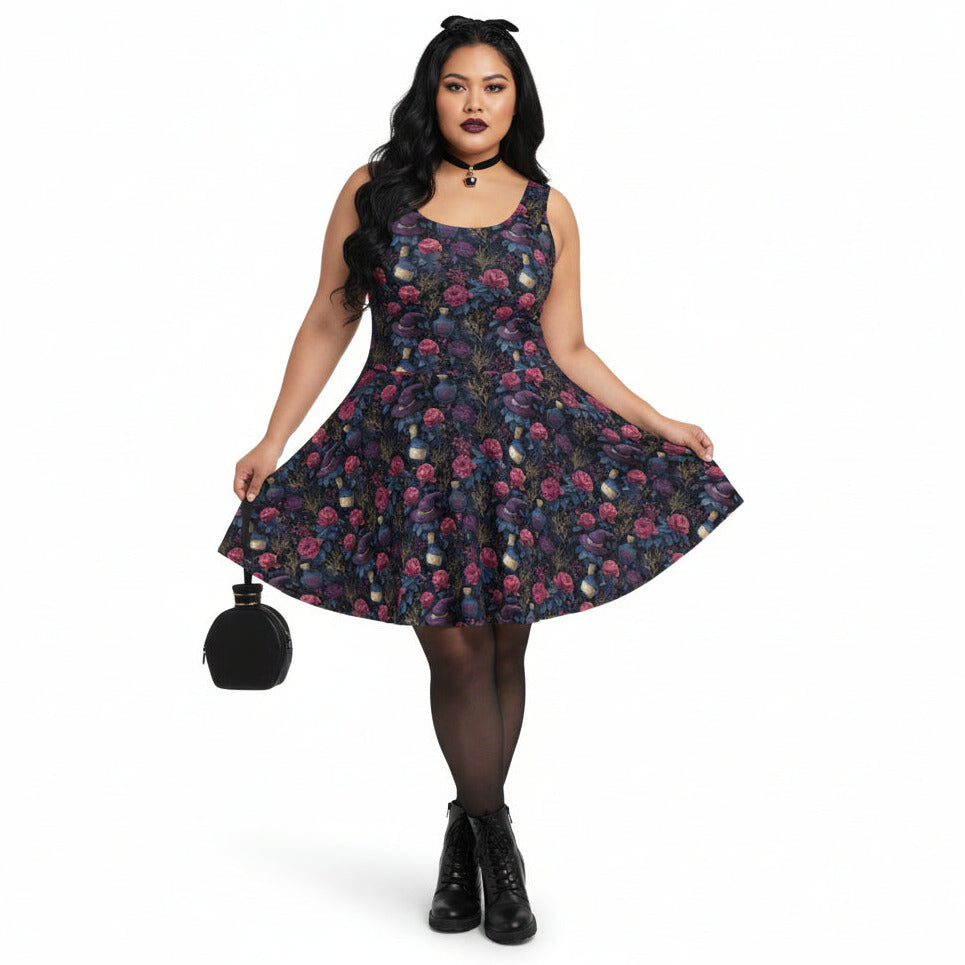 Woman wearing a floral dress with a black handbag on a white background