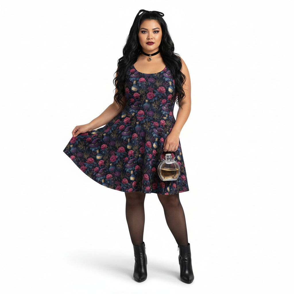 Woman wearing a floral dress holding a perfume bottle on a white background