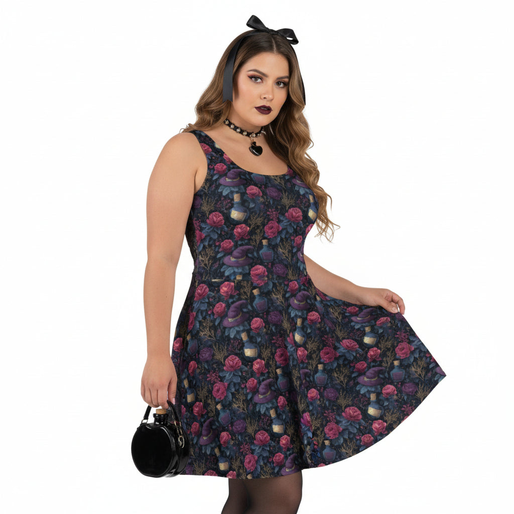 Woman wearing a floral dress with a white background