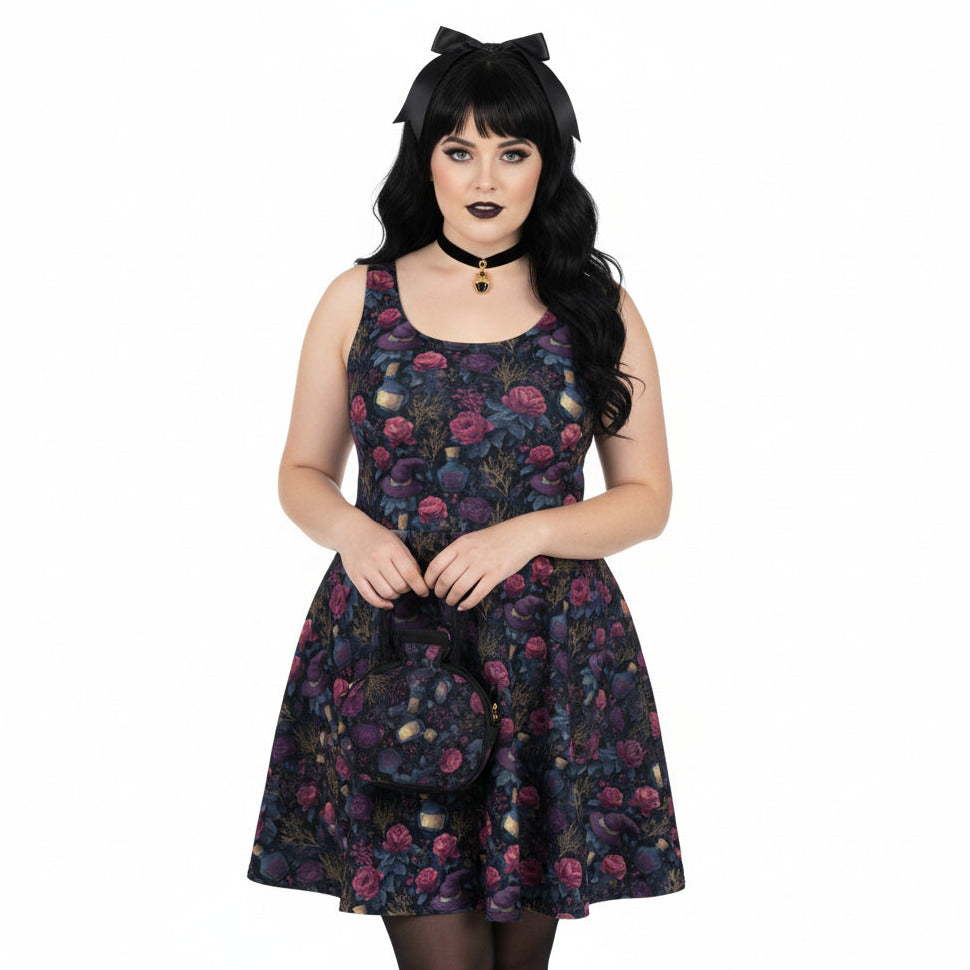 Woman wearing a floral dress with a white background