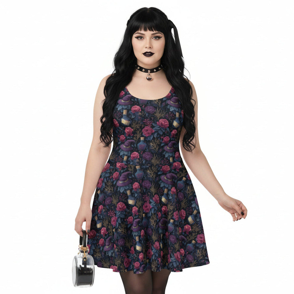 Woman wearing a floral dress on a white background