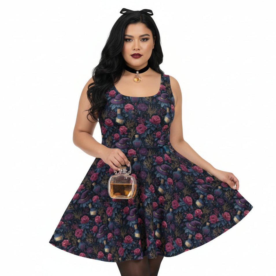 Woman wearing a floral dress holding a perfume bottle on a white background