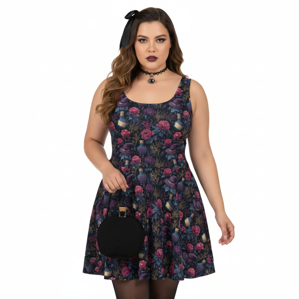 Woman wearing a floral dress with a white background