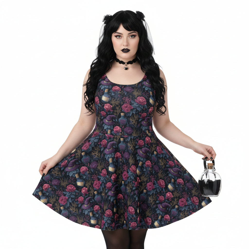 Woman wearing a goth floral dress with a white background